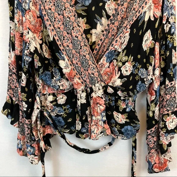 ANGIE | Long Sleeve Surplice Floral Printed Tie Woven Top Womens Plus Size 3XL - Picture 3 of 5